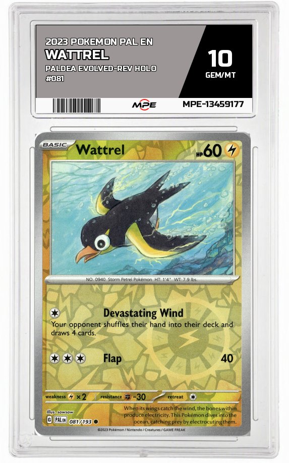 2023 POKEMON PAL EN PALDEA EVOLVED-REV HOLO #081 WATTREL MPE 10 GEM/MT — graded card auctioned from the MPE vault