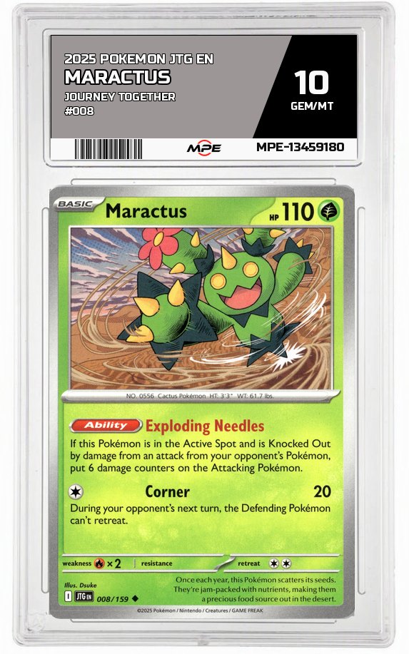 2025 POKEMON JTG EN JOURNEY TOGETHER #008 MARACTUS MPE 10 GEM/MT — graded card auctioned from the MPE vault