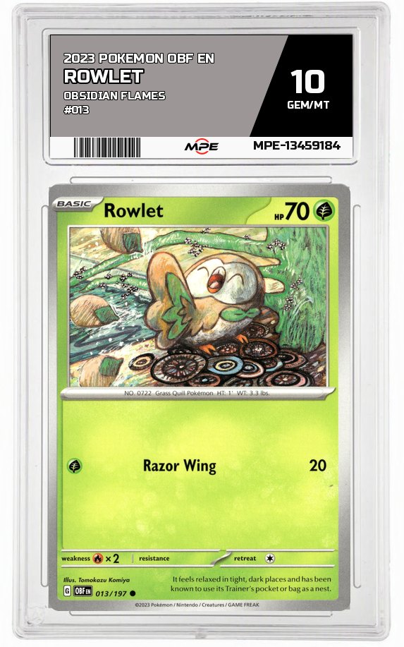 2023 POKEMON OBF EN OBSIDIAN FLAMES #013 ROWLET MPE 10 GEM/MT — graded card auctioned from the MPE vault