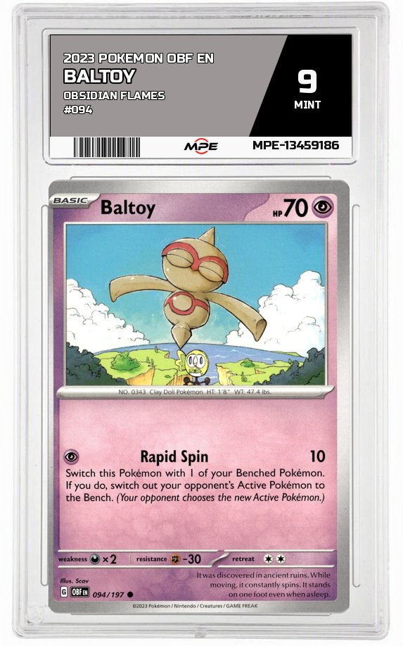 2023 POKEMON OBF EN OBSIDIAN FLAMES #094 BALTOY MPE 9 MINT — graded card auctioned from the MPE vault