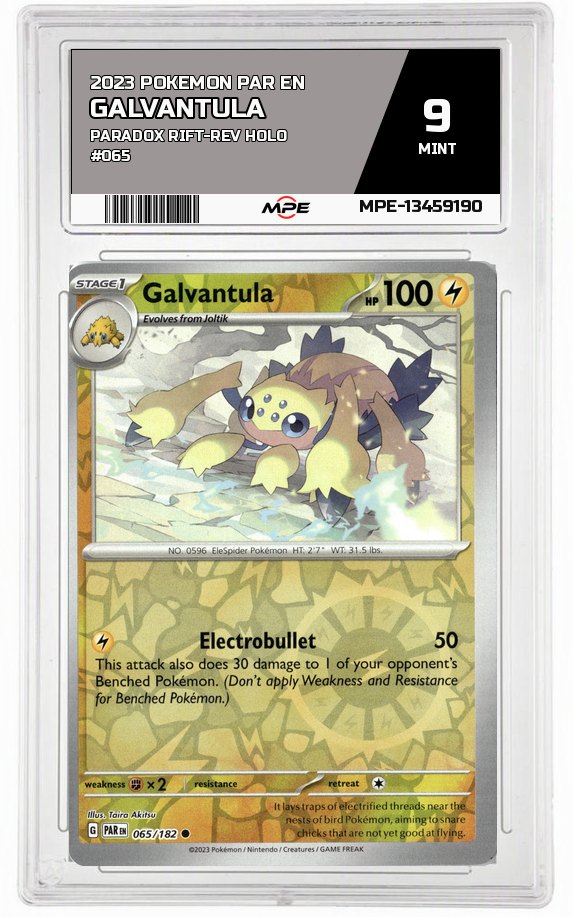 2023 POKEMON PAR EN PARADOX RIFT-REV HOLO #065 GALVANTULA MPE 9 MINT — graded card auctioned from the MPE vault