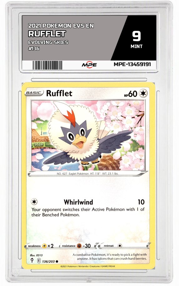 2021 POKEMON EVS EN EVOLVING SKIES #136 RUFFLET MPE 9 MINT — graded card auctioned from the MPE vault