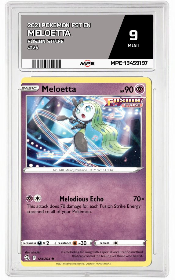 2021 POKEMON FST EN FUSION STRIKE #124 MELOETTA MPE 9 MINT — graded card auctioned from the MPE vault