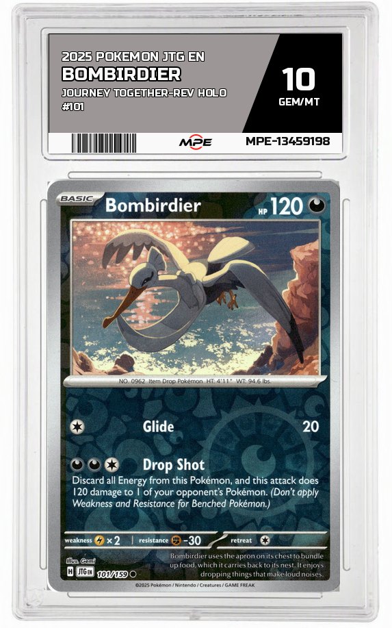 2025 POKEMON JTG EN JOURNEY TOGETHER-REV HOLO #101 BOMBIRDIER MPE 10 GEM/MT — graded card auctioned from the MPE vault