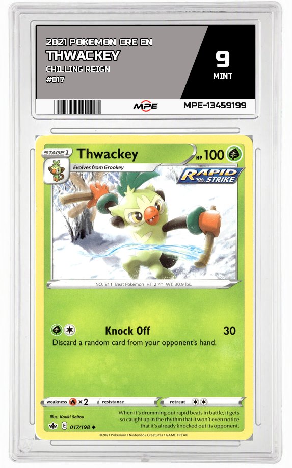 2021 POKEMON CRE EN CHILLING REIGN #017 THWACKEY MPE 9 MINT — graded card auctioned from the MPE vault