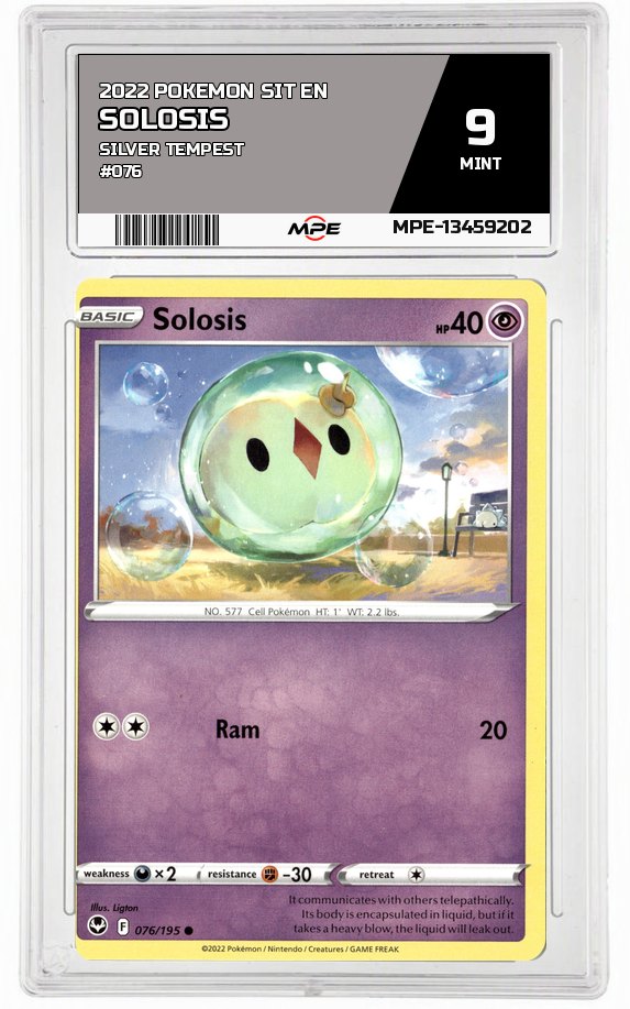 2022 POKEMON SIT EN SILVER TEMPEST #076 SOLOSIS MPE 9 MINT — graded card auctioned from the MPE vault