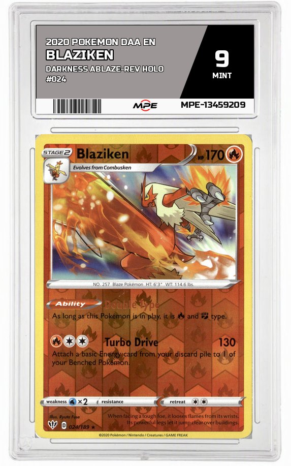 2020 POKEMON DAA EN DARKNESS ABLAZE-REV HOLO #024 BLAZIKEN MPE 9 MINT — graded card auctioned from the MPE vault