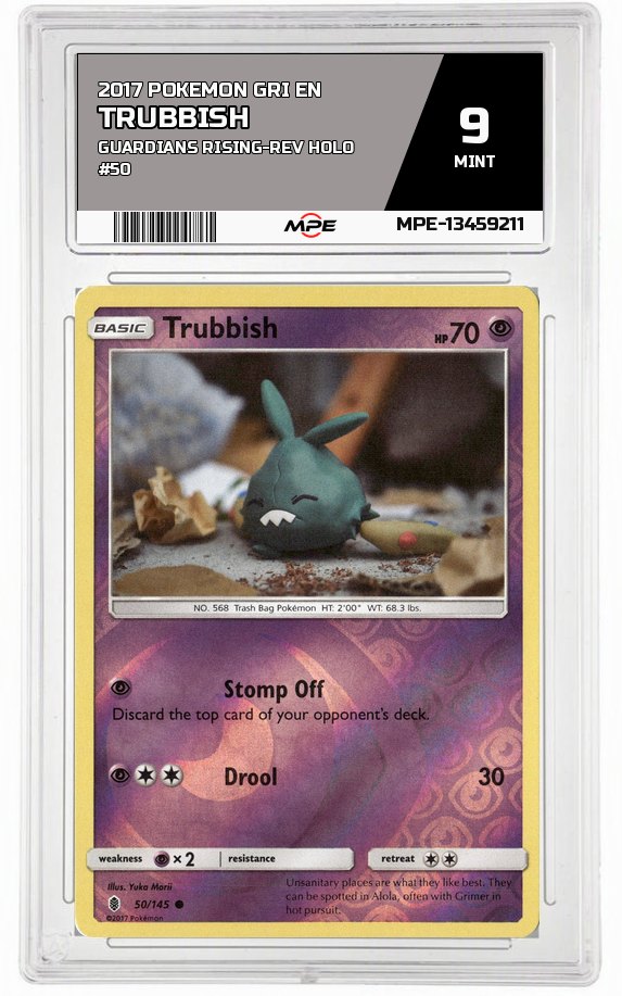 2017 POKEMON GRI EN GUARDIANS RISING-REV HOLO #50 TRUBBISH MPE 9 MINT — graded card auctioned from the MPE vault