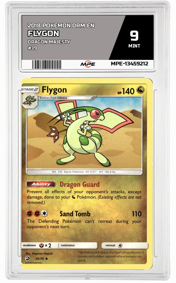 2018 POKEMON DRM EN DRAGON MAJESTY #39 FLYGON MPE 9 MINT — graded card auctioned from the MPE vault