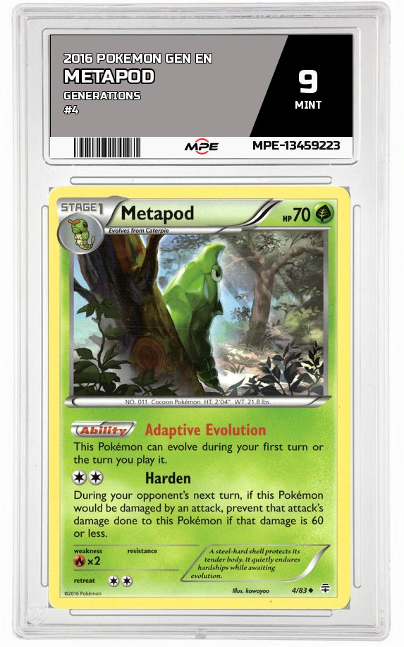 2016 POKEMON GEN EN GENERATIONS #4 METAPOD MPE 9 MINT — graded card auctioned from the MPE vault