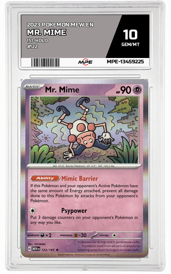 2023 POKEMON MEW EN 151-HOLO #122 MR. MIME MPE 10 GEM/MT — graded card auctioned from the MPE vault