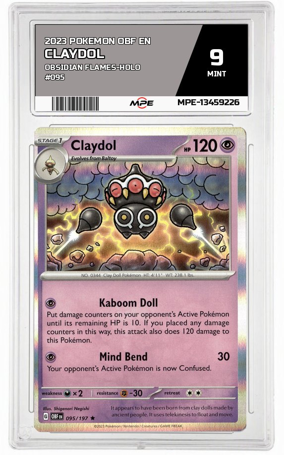 2023 POKEMON OBF EN OBSIDIAN FLAMES-HOLO #095 CLAYDOL MPE 9 MINT — graded card auctioned from the MPE vault