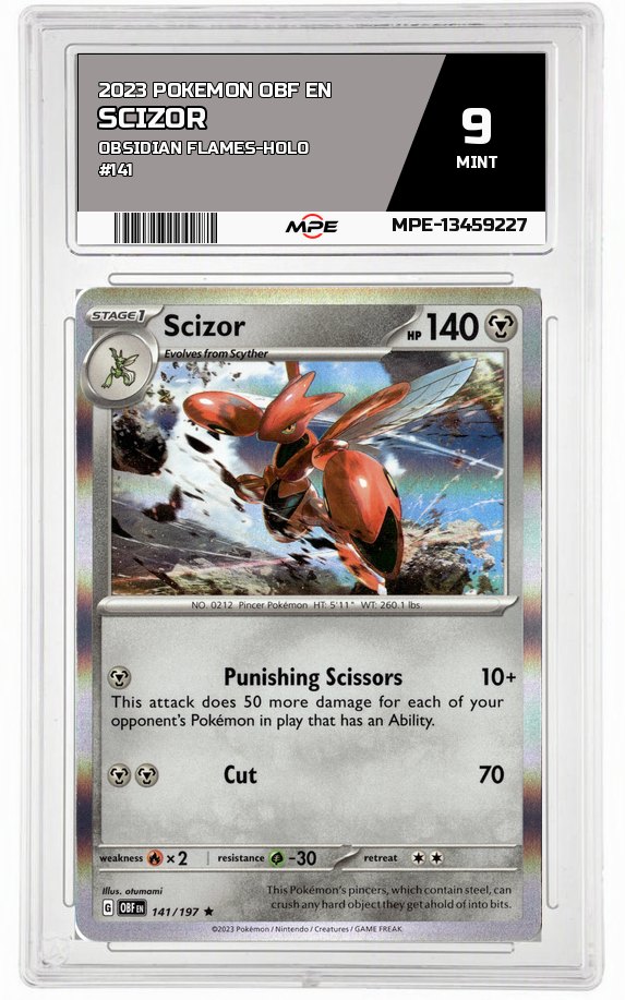 2023 POKEMON OBF EN OBSIDIAN FLAMES-HOLO #141 SCIZOR MPE 9 MINT — graded card auctioned from the MPE vault