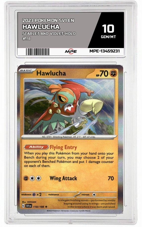 2023 POKEMON SV1 EN SCARLET AND VIOLET-HOLO #118 HAWLUCHA MPE 10 GEM/MT — graded card auctioned from the MPE vault