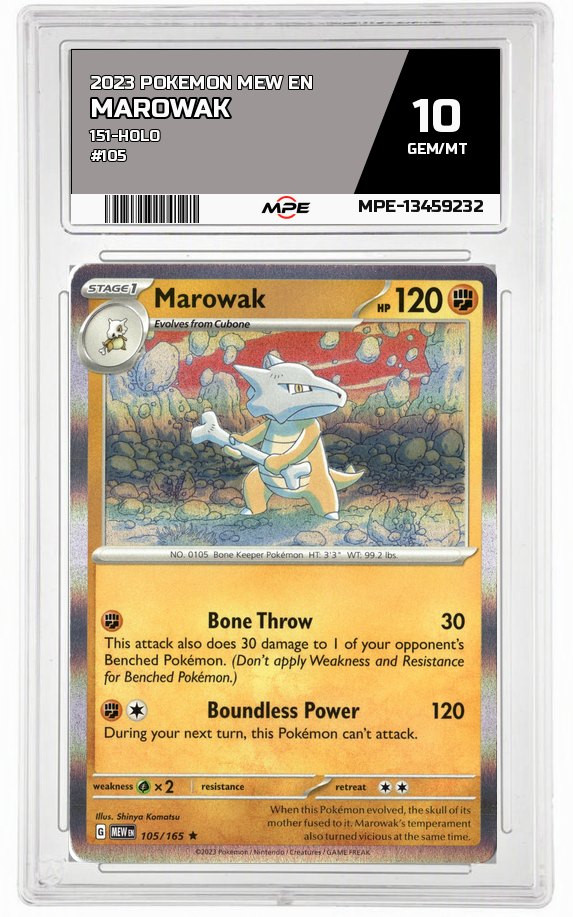 2023 POKEMON MEW EN 151-HOLO #105 MAROWAK MPE 10 GEM/MT — graded card auctioned from the MPE vault