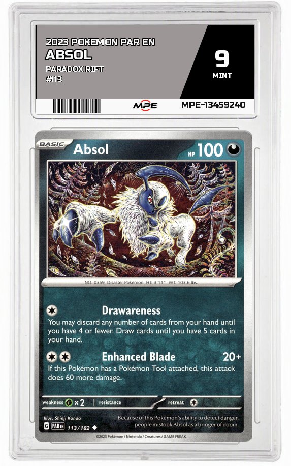 2023 POKEMON PAR EN PARADOX RIFT #113 ABSOL MPE 9 MINT — graded card auctioned from the MPE vault