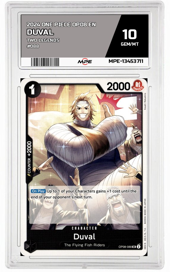 2024 ONE PIECE OP08 EN Two Legends #088 DUVAL MPE 10 GEM/MT — graded card auctioned from the MPE vault