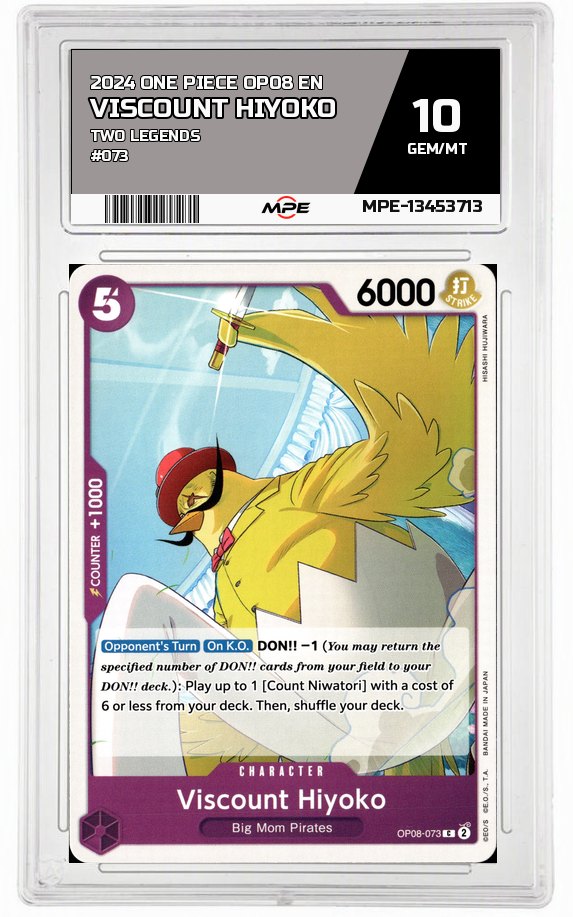 2024 ONE PIECE OP08 EN Two Legends #073 VISCOUNT HIYOKO MPE 10 GEM/MT — graded card auctioned from the MPE vault