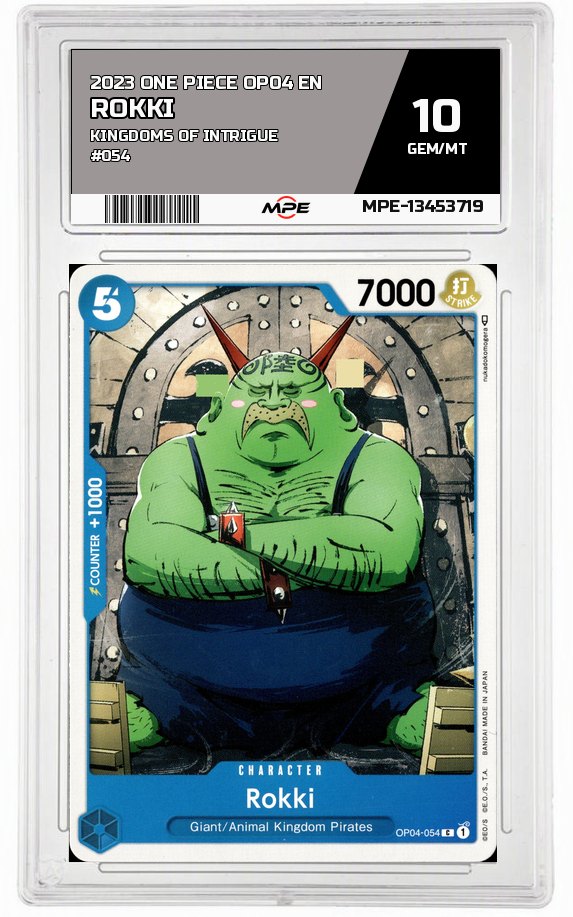 2023 ONE PIECE OP04 EN Kingdoms of Intrigue #054 ROKKI MPE 10 GEM/MT — graded card auctioned from the MPE vault