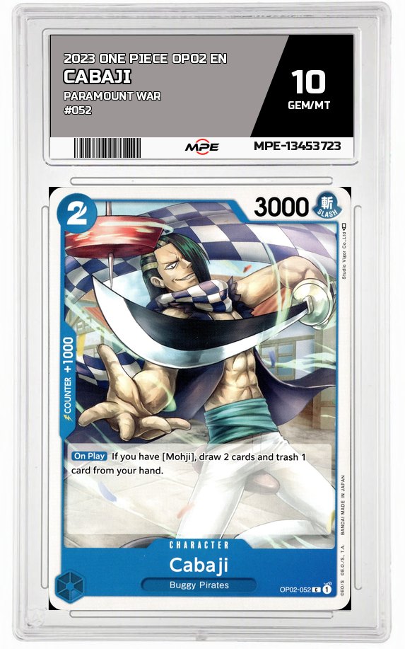 2023 ONE PIECE OP02 EN Paramount War #052 CABAJI MPE 10 GEM/MT — graded card auctioned from the MPE vault