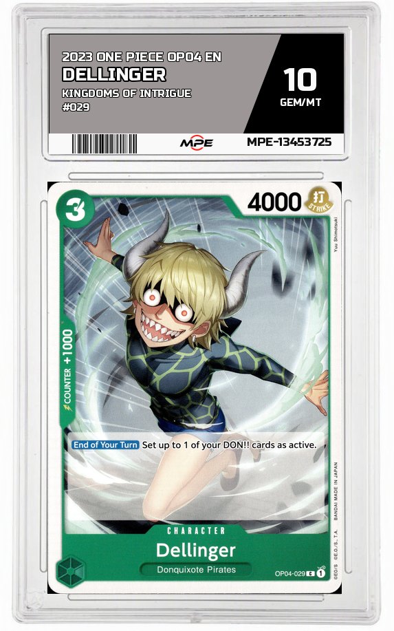 2023 ONE PIECE OP04 EN Kingdoms of Intrigue #029 Dellinger MPE 10 GEM/MT — graded card auctioned from the MPE vault