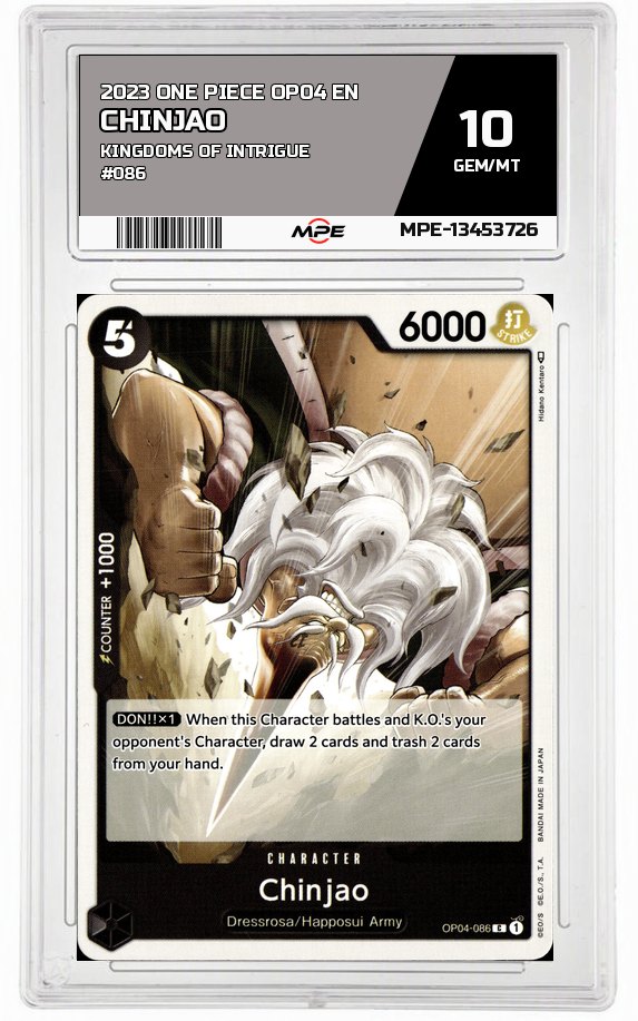 2023 ONE PIECE OP04 EN Kingdoms of Intrigue #086 Chinjao MPE 10 GEM/MT — graded card auctioned from the MPE vault