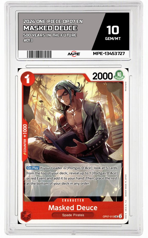 2024 ONE PIECE OP07 EN 500 Years in the Future #013 MASKED DEUCE MPE 10 GEM/MT — graded card auctioned from the MPE vault