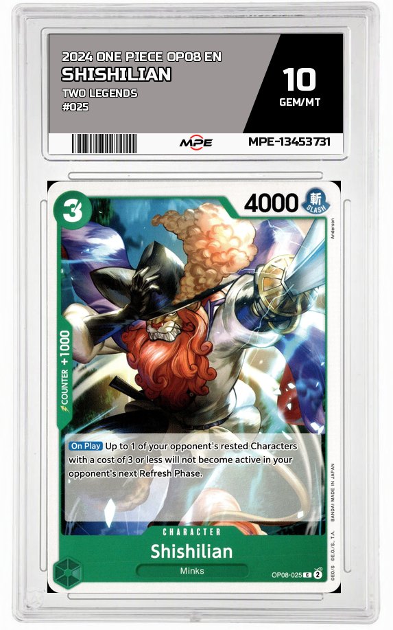2024 ONE PIECE OP08 EN Two Legends #025 SHISHILIAN MPE 10 GEM/MT — graded card auctioned from the MPE vault
