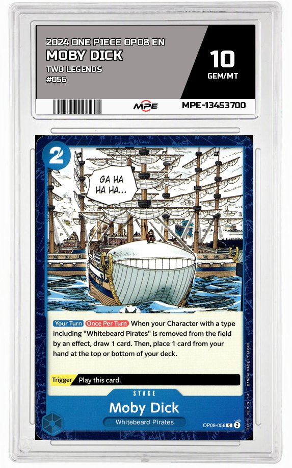 2024 ONE PIECE OP08 EN Two Legends #056 MOBY DICK MPE 10 GEM/MT — graded card auctioned from the MPE vault