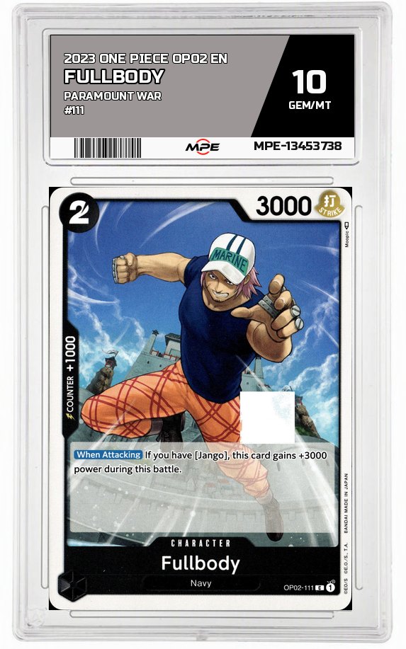 2023 ONE PIECE OP02 EN Paramount War #111 FULLBODY MPE 10 GEM/MT — graded card auctioned from the MPE vault