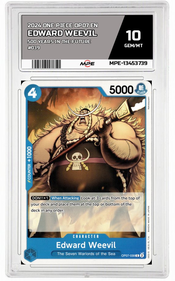 2024 ONE PIECE OP07 EN 500 Years in the Future #039 EDWARD WEEVIL MPE 10 GEM/MT — graded card auctioned from the MPE vault