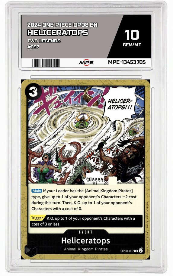 2024 ONE PIECE OP08 EN Two Legends #097 HELICERATOPS MPE 10 GEM/MT — graded card auctioned from the MPE vault