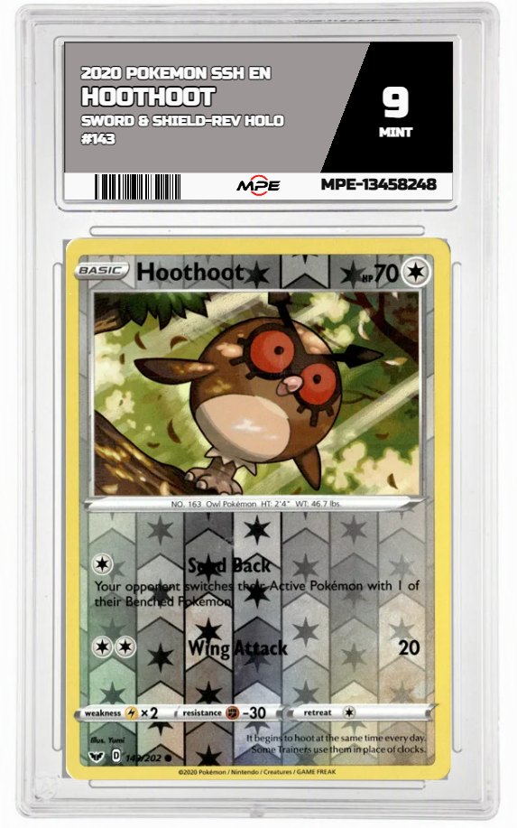2020 POKEMON SSH EN SWORD & SHIELD-REV HOLO #143 Hoothoot MPE 9 MINT — graded card auctioned from the MPE vault