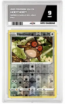 2020 POKEMON SSH EN SWORD & SHIELD-REV HOLO #143 Hoothoot MPE 9 MINT — graded card up for auction