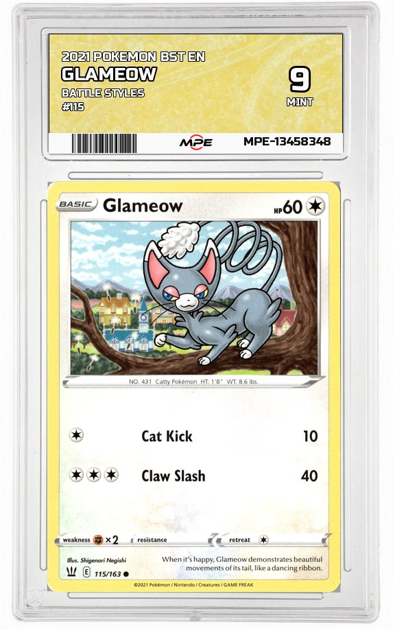 2021 POKEMON BST EN BATTLE STYLES #115 Glameow MPE 9 MINT — graded card auctioned from the MPE vault