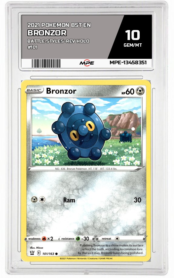 2021 POKEMON BST EN BATTLE STYLES-REV HOLO #101 Bronzor MPE 10 GEM/MT — graded card auctioned from the MPE vault