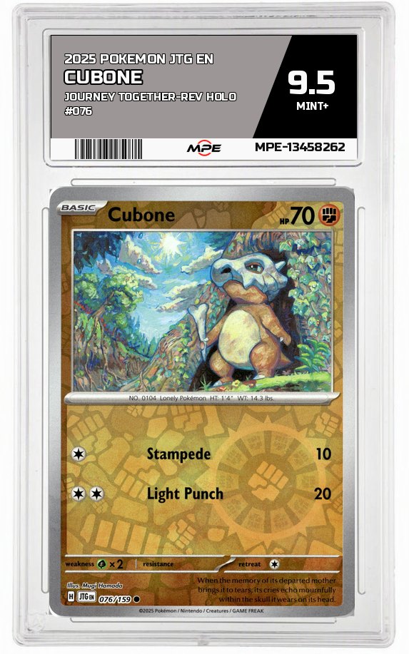 2025 POKEMON JTG EN JOURNEY TOGETHER-REV HOLO #076 Cubone MPE 9.5 MINT+ — graded card auctioned from the MPE vault