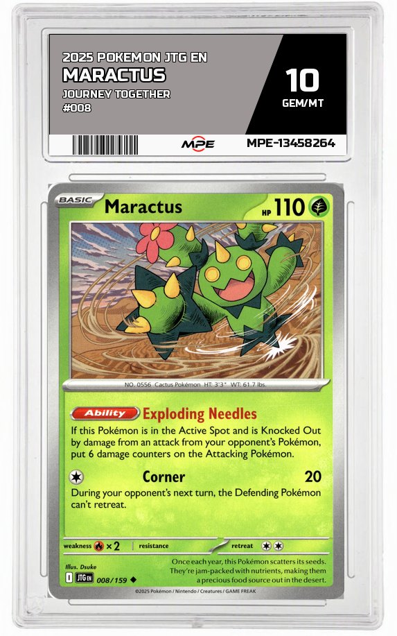 2025 POKEMON JTG EN JOURNEY TOGETHER #008 MARACTUS MPE 10 GEM/MT — graded card auctioned from the MPE vault