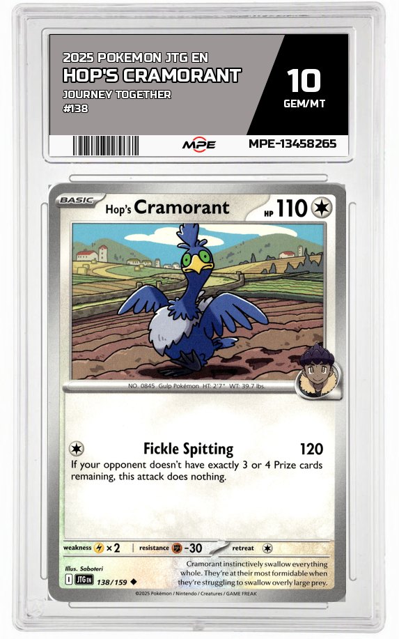 2025 POKEMON JTG EN JOURNEY TOGETHER #138 Hop's Cramorant MPE 10 GEM/MT — graded card auctioned from the MPE vault