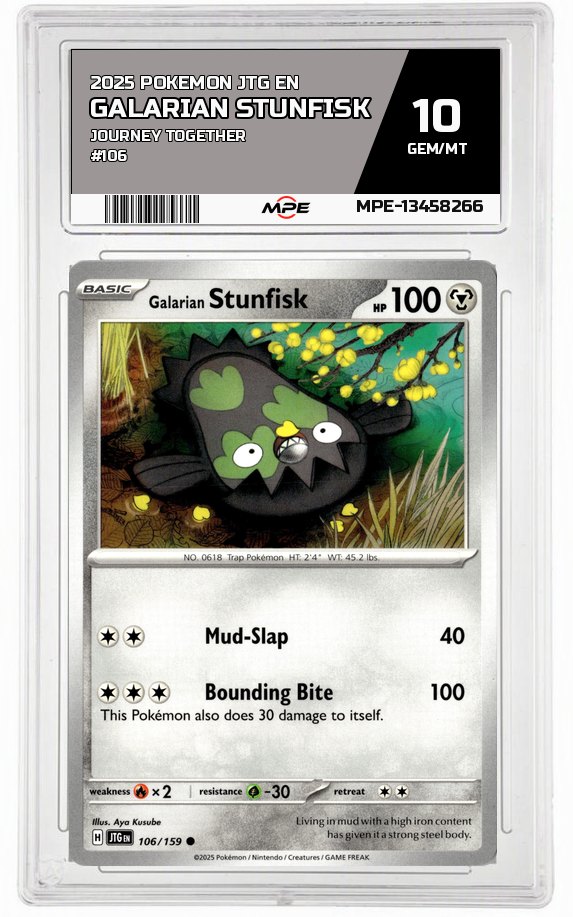 2025 POKEMON JTG EN JOURNEY TOGETHER #106 Galarian Stunfisk MPE 10 GEM/MT — graded card auctioned from the MPE vault