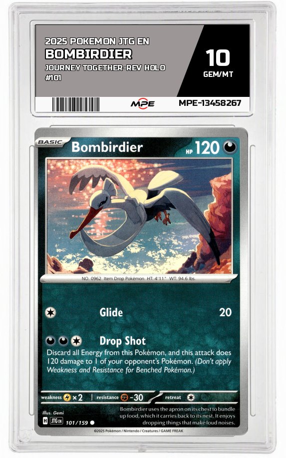 2025 POKEMON JTG EN JOURNEY TOGETHER-REV HOLO #101 BOMBIRDIER MPE 10 GEM/MT — graded card auctioned from the MPE vault