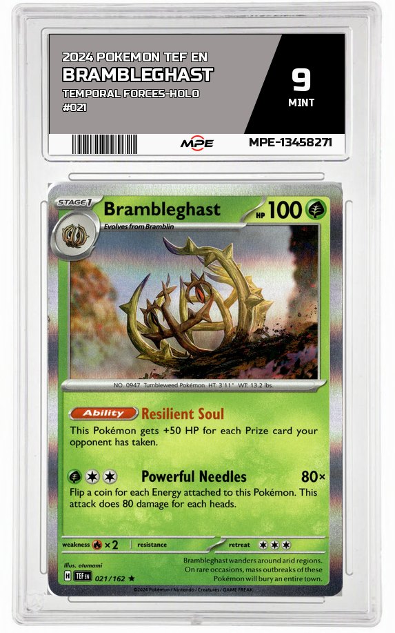 2024 POKEMON TEF EN TEMPORAL FORCES-HOLO #021 Brambleghast MPE 9 MINT — graded card auctioned from the MPE vault