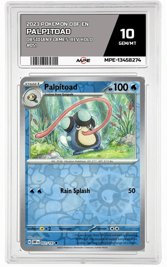 2023 POKEMON OBF EN OBSIDIAN FLAMES-REV HOLO #051 Palpitoad MPE 10 GEM/MT — graded card auctioned from the MPE vault