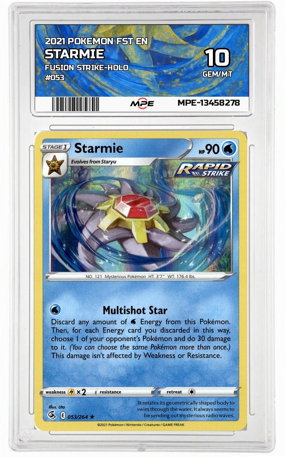 2021 POKEMON FST EN FUSION STRIKE-HOLO #053 STARMIE MPE 10 GEM/MT — graded card auctioned from the MPE vault