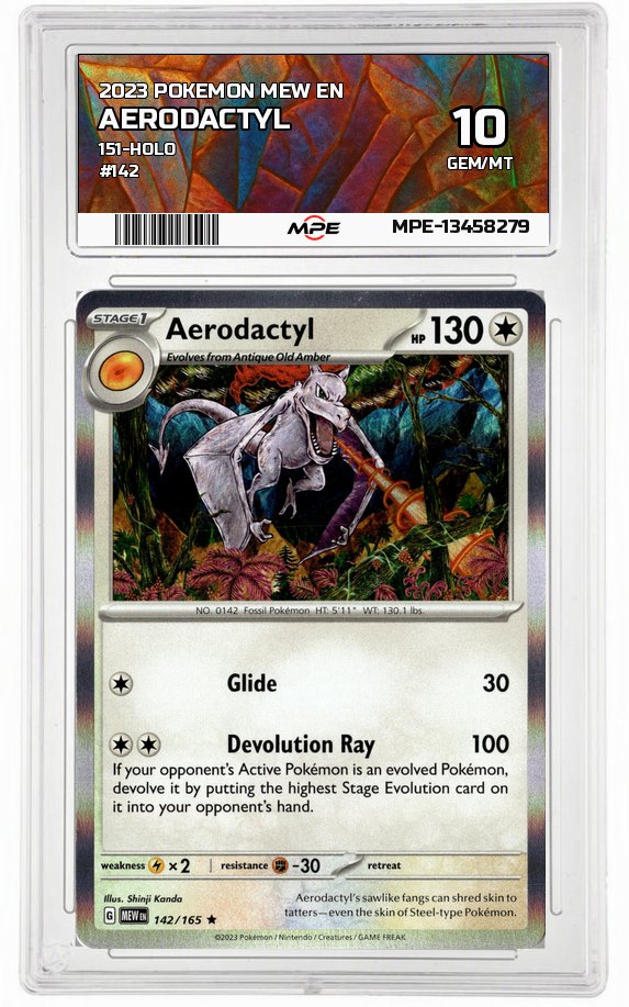 2023 POKEMON MEW EN 151-HOLO #142 Aerodactyl MPE 10 GEM/MT — graded card auctioned from the MPE vault