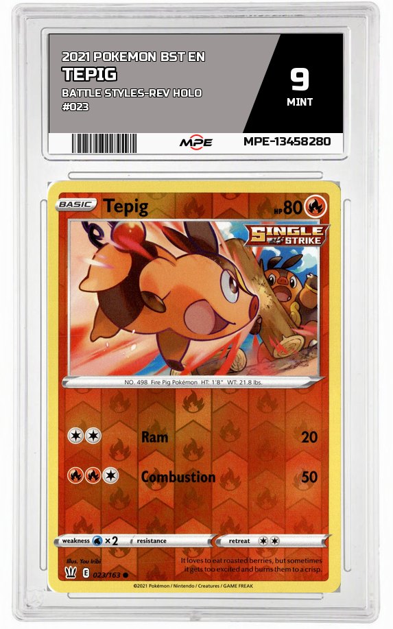2021 POKEMON BST EN BATTLE STYLES-REV HOLO #023 Tepig MPE 9 MINT — graded card auctioned from the MPE vault