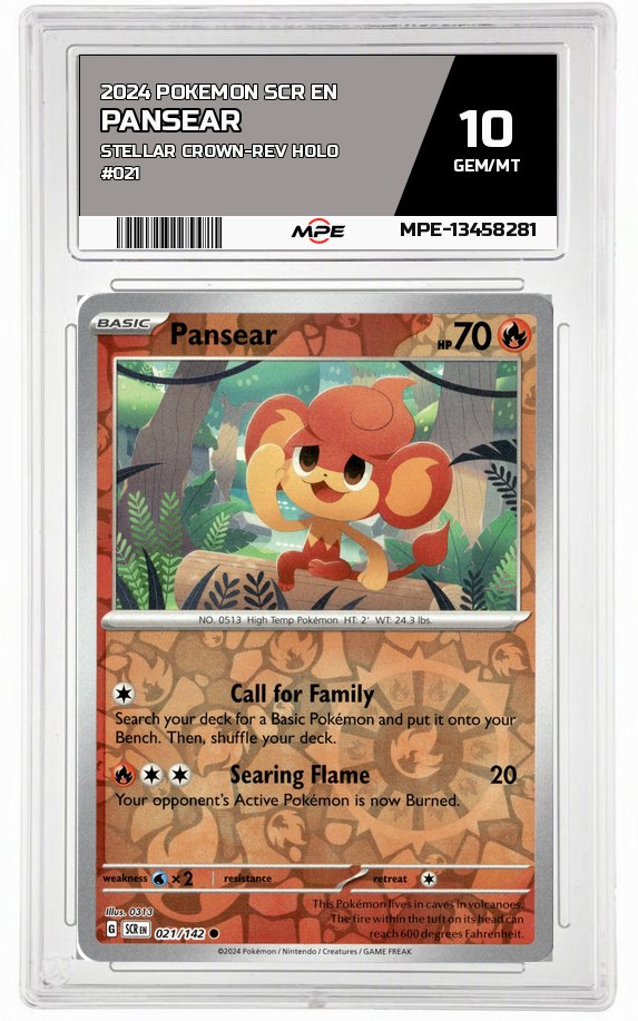 2024 POKEMON SCR EN STELLAR CROWN-REV HOLO #021 Pansear MPE 10 GEM/MT — graded card auctioned from the MPE vault