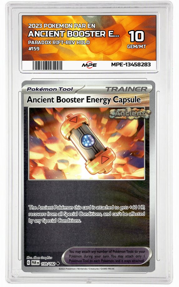 2023 POKEMON PAR EN PARADOX RIFT-REV HOLO #159 Ancient Booster Energy Capsule MPE 10 GEM/MT — graded card auctioned from the MPE vault