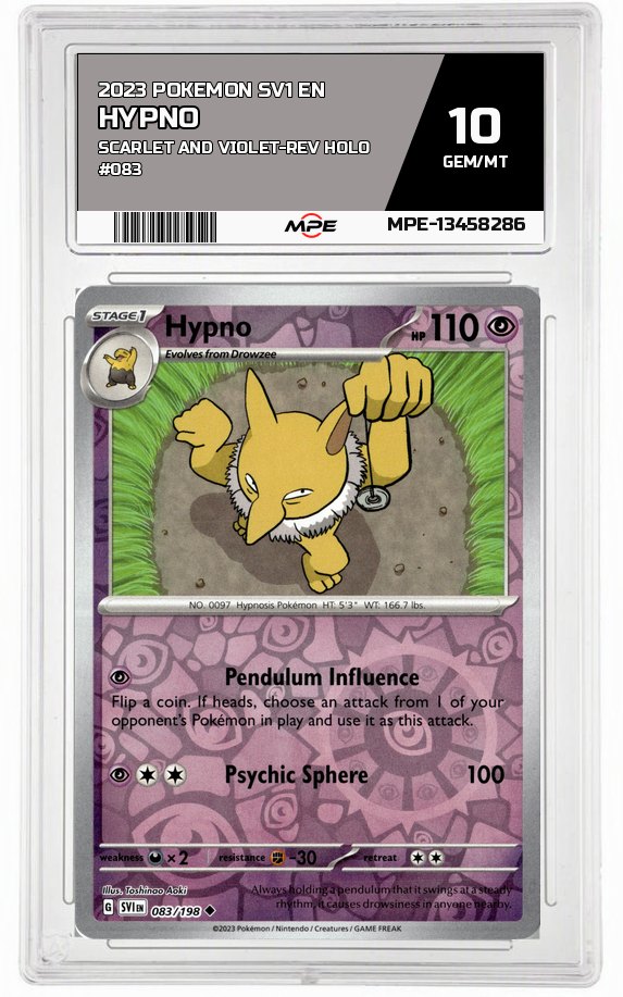 2023 POKEMON SV1 EN SCARLET AND VIOLET-REV HOLO #083 Hypno MPE 10 GEM/MT — graded card auctioned from the MPE vault