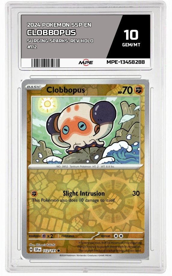 2024 POKEMON SSP EN SURGING SPARKS-REV HOLO #112 CLOBBOPUS MPE 10 GEM/MT — graded card auctioned from the MPE vault